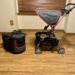 “3‑in‑1 Pet Stroller with Detachable Carrier – Gray/Red for Small Dogs or Cats”