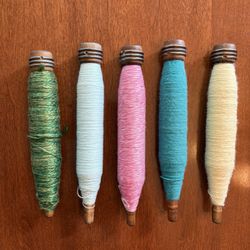 Set of  5 Vintage Wooden Thread Spools Assorted Colors Sewing Craft