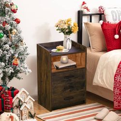 Nightstand with Wireless Charging Station and LED Lights, Rustic End Side Table with 3 Drawers and Open Storage for Bedroom, Rustic Brown