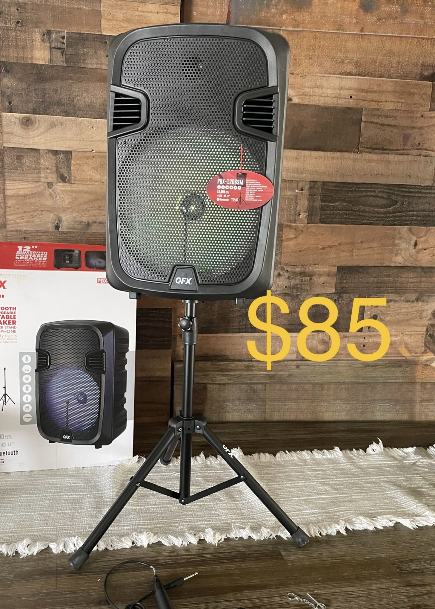 QFX 12β Bluetooth Portable Rechargeable Speaker With Microphone, Speaker Stand & LED Party Lights ππ€πΆπΆπΆ