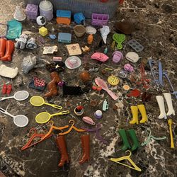 Lot of 100 pieces of Barbie accessories & other tiny toys 