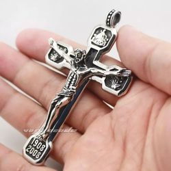 
Large Stainless Steel Jesus Crucifix Cross Pendant Mens 14 Stations Of The Cross 