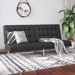 River Street Designs Emily Convertible Tufted Futon Sofa, Black Faux Leather. New In Box.