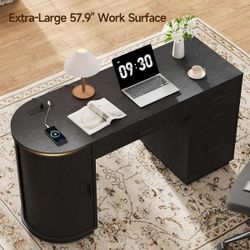 57.9'' Mid-Century Executive Desk With Drawers, File Cabinet And Power Outlet, Home Office Computer Desk With Storage Cabinet