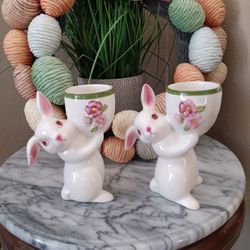 $20 Avon 1981 Pair Of Ceramic Sunny Bunnies Egg Cup Candle Holder Easter Decor 