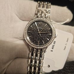 NEW WOMEN'S BEAUTIFUL LUXURY SILVER TONE & BLACK FACE WITH CRYSTAL'S BRACELET BULOVA WATCH.