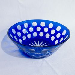 Vintage Cobalt Blue Blown Glass Cut to Clear Bowl