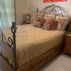 Queen Size Bedframe - Wood And Wrought Iron 