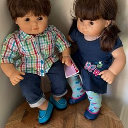 AMERICAN GIRL BITTY BABY BRUNETTE TWINS Boy / Girl SIDE BY SIDE DOUBLE STROLLER 