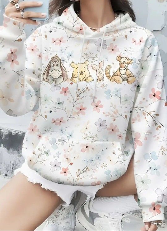 Winnie the Pooh Hoodie Sweatshirt - Unisex Pullover Hoodie with Adjustable Drawstring, Machine Washable All-Season Loungewear, Pooh Bear & Floral