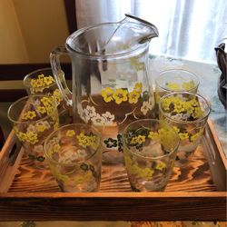 Antique Glass Pitcher ,and 6 Glasses With Tray