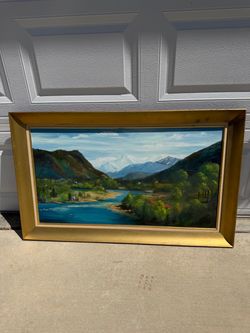 Vintage Framed Oil Painting - Mountain River Landscape