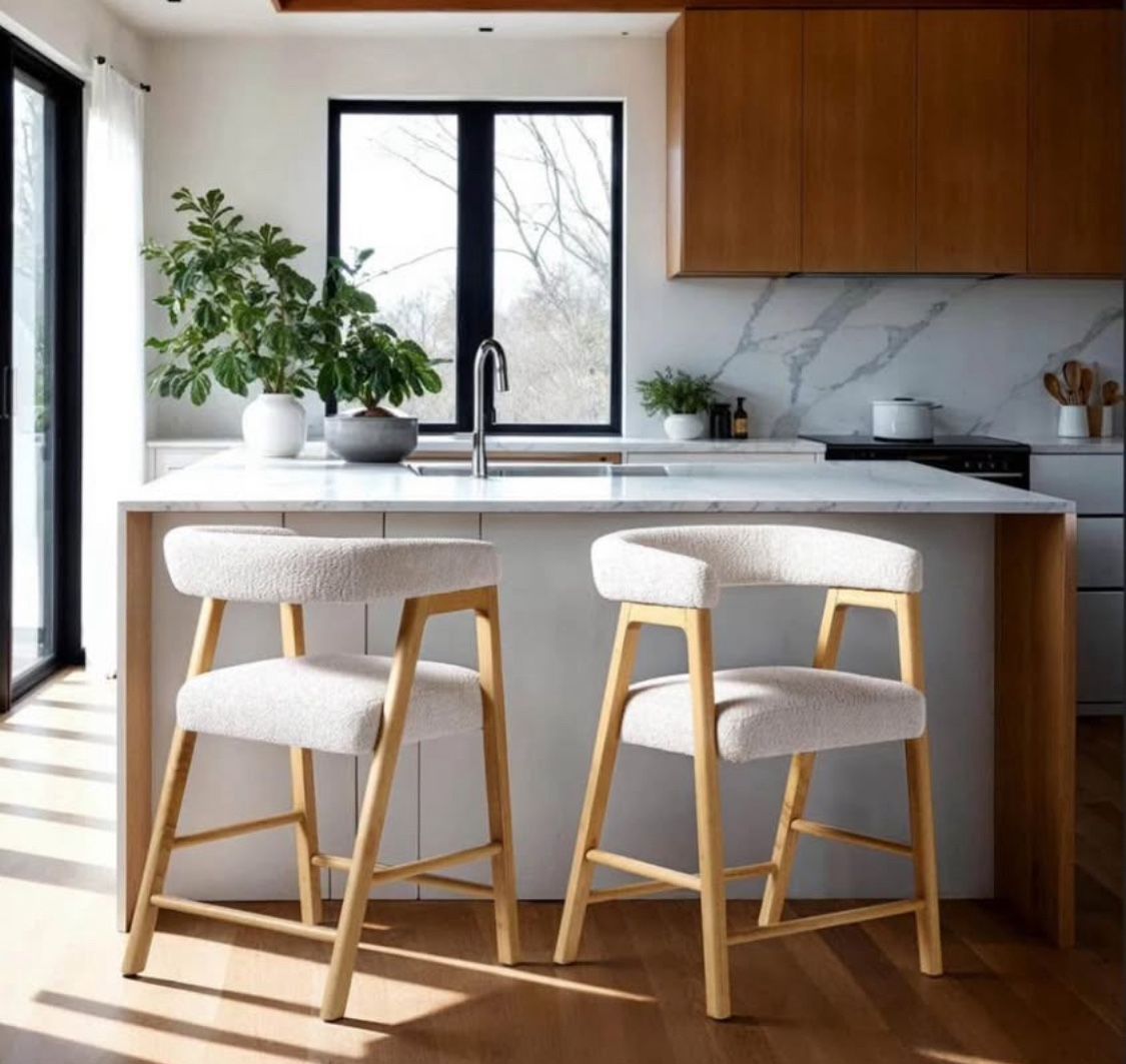 New Set of 2 Counter Stools with Curved Back and Boucle Upholstery Solid Wood