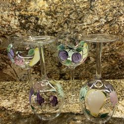 4 Hand painted Stemmed Wine Glasses