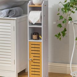 Brandnew Toilet Paper Holder Stand: Small Bathroom Storage Cabinet- White&Bamboo