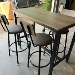 5 Piece Dining Table Set, Bar Table Set With 4 Upholstered Stools, Wooden Backrest, Ring-shaped Footrest