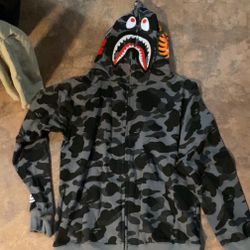 Gray/Black Bape Shark Hoodie Sz XL (Fits Like Large)