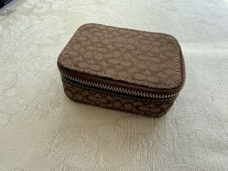 Coach khaki and brown signature "C" jacquard canvas zip pill case/travel jewelry box