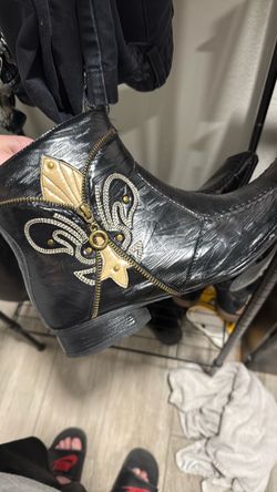 Black Leather Ankle Boot with fleur-de-lis on sides