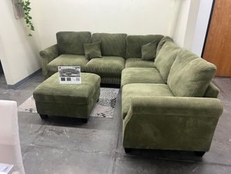 Dark Green Corduroy sectional sofa with Ottoman