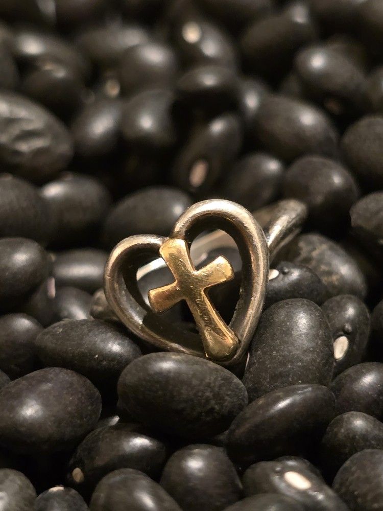 Retired James Avery Sterling Silver & 14kt Gold Heart Cross Ring,  Size 5