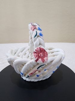 Vintage Miniature SPAIN Rustic Porcelain Hand Painted Handmade Flower Basket
