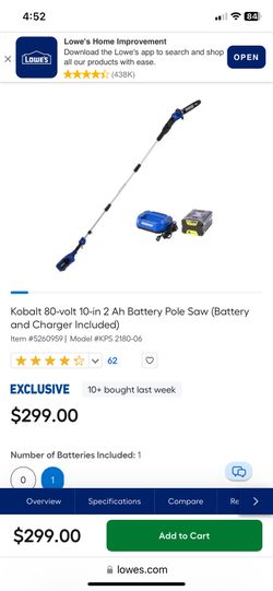 Kobalt 80-volt 10-in 2 Ah Battery Pole Saw (Battery and Charger Included)