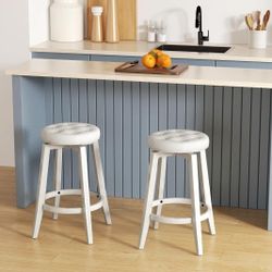  360° Swivel Bar Stools Set of 2, 26-inch Height Vintage Upholstered Rubberwood Backless Bar Chairs with Footrest, Retro Kitchen Counter Stools 