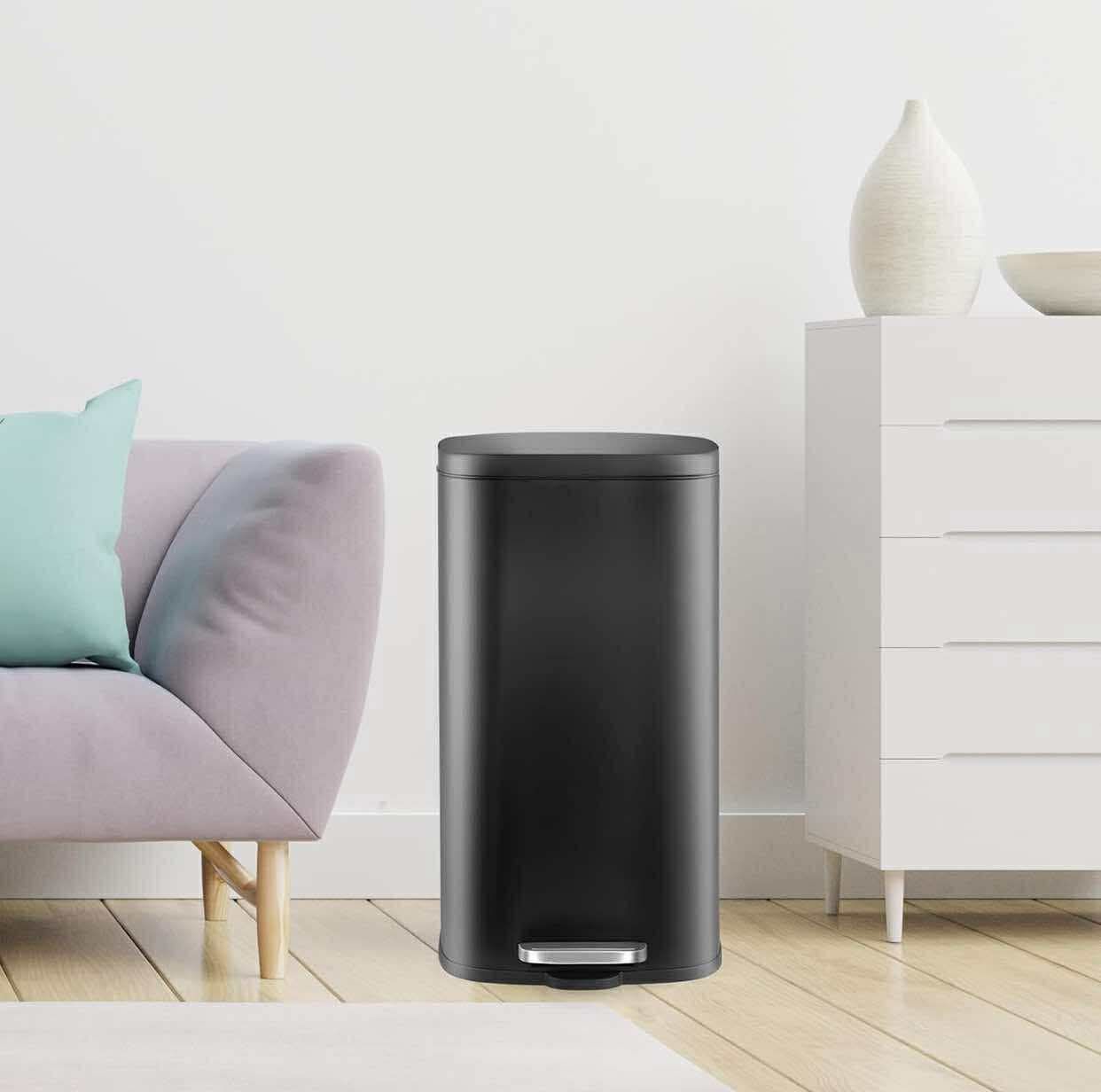 Stainless Steel Kitchen Garbage Can, Step Waste Bin with Hinged Lid and Removable Inner Bucket, Soft-Close, Dustbin (Black, 13.2 Gal)