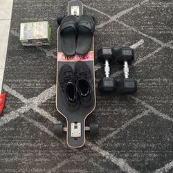 Brand new Long board, 4 Action Shooter Xbox Games, Brand new Hirachi Shoes, 2 20 Pound  Dumbells, And a pir of nike slides