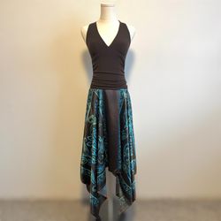 STUDIO Y Vintage Y2K Brown Blue Paisley V Neck Handkerchief Hem Halter Dress