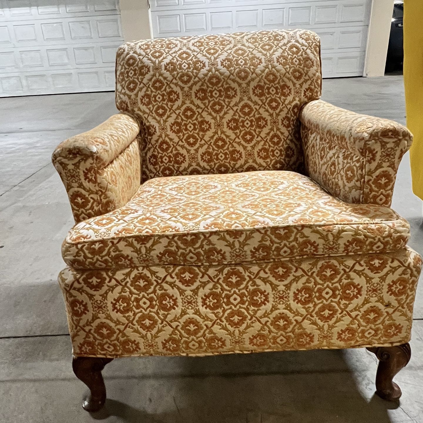Vintage Chair, Jacquard Damask Fabric, Gold/Orange