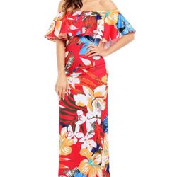 Red Floral Print Off Shoulder Maxi Boho Dressn