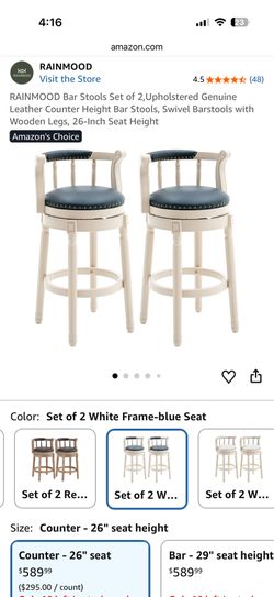 2-Piece Bar Stool Set, Genuine Leather Padded Swivel Bar Stools with Wooden Legs, 26-Inch Seat Heigh