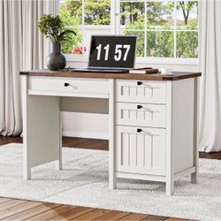 White Farmhouse Desk 45" with 4 Drawers & Charging Station Small Computer Desk with File Drawer & Outlets, Full Extension Storage for Small Spaces, Be