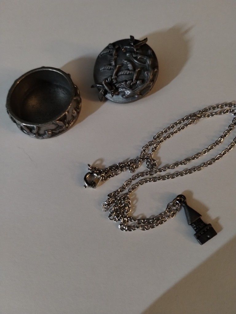 Vtg Torino Pewter Bird Jewelry Set / Trinket Box