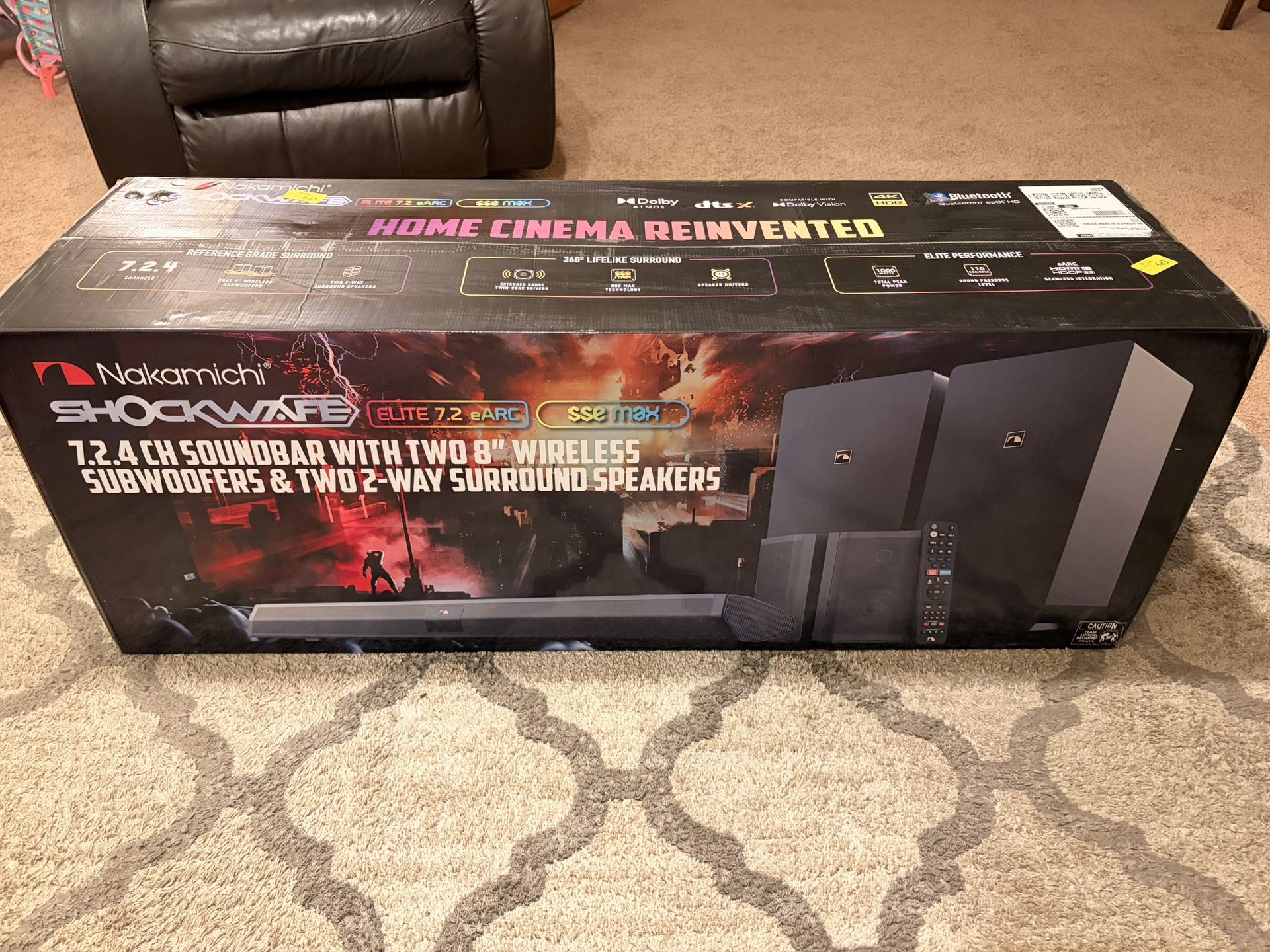 Nakamichi Shockwafe Elite 7.2.4 eARC SSE MAX  Dolby Atmos/DTS:X soundbar + Speaker Stands