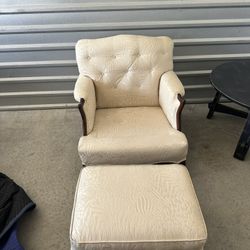 Cream Tufted Armchair + Matching Ottoman – Classic Wood Trim  