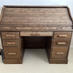 Vintage Solid Wood Oak Roll Top Executive Desk - Home office Organizer Desk