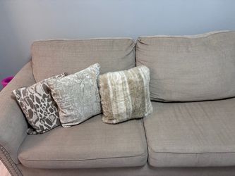Beige Fabric Sofa with Throw Pillows