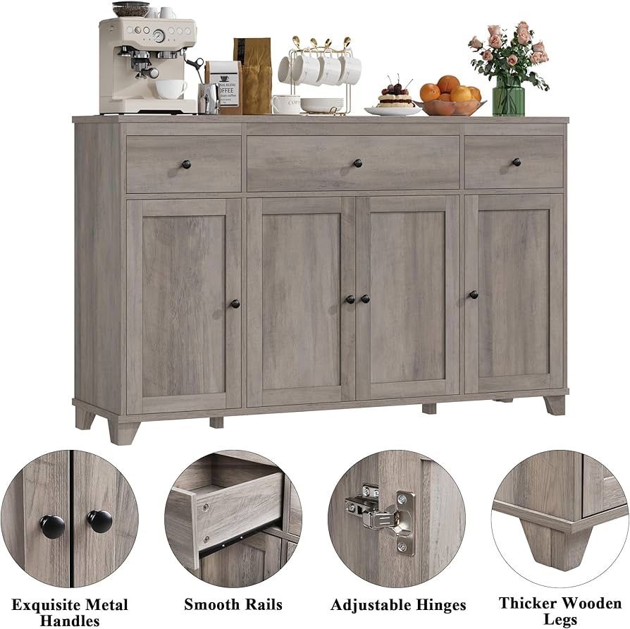 55" Large Kitchen Buffet Cabinet with Storage Drawers, Farmhouse Sideboard Buffet Table Storage Cabinet with Doors and Shelves, Wood Coffe