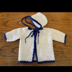 Baby Crochet Knit White & Blue Sweater & Bonnet Set Size 12-18M