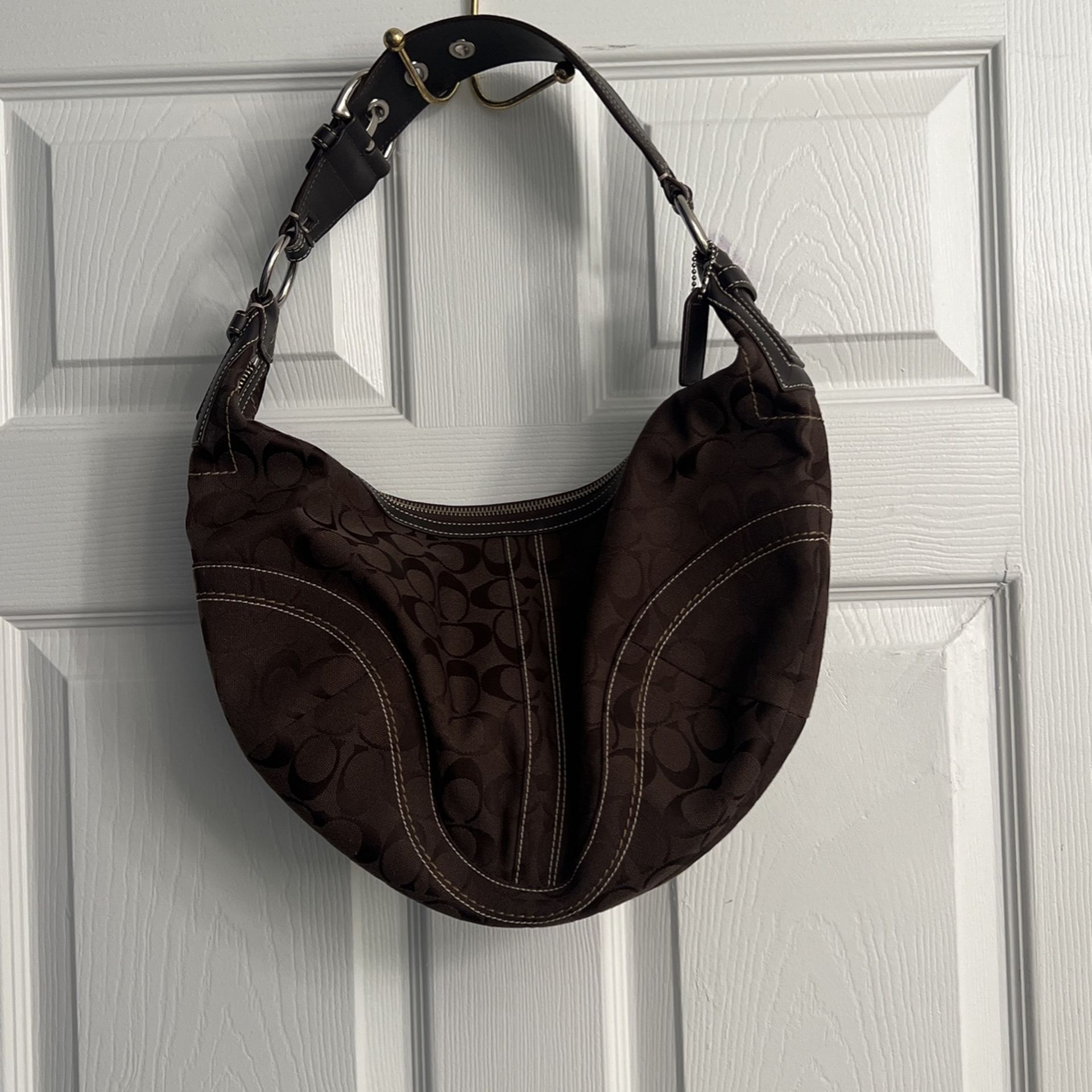 Coach Womens Hobo Brown Logo Jacquard Crescent Shoulder Bag Purse 