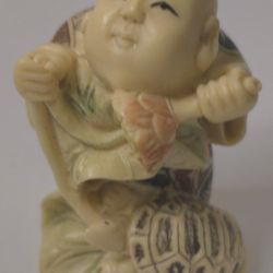 Vintage Japanese Resin Netsuke Of A Young Buddha With The Turtle And Lotos Flower 2" Tall In VG Condition, Signed 