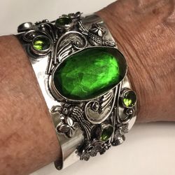 Peridot Stamped Solid 925 Sterling Silver Cuff Bracelet 