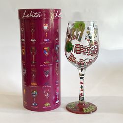 Lolita HAPPY HOLIDAYS 15oz Wine Glass Ornaments Holly Hand Painted Sparkle