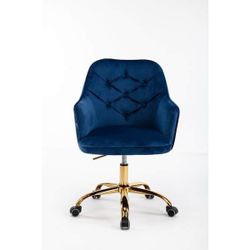 Navy Velvet Upholstered Swivel Homeoffice Height Adjustable Task Chair with Gold Base and 360° Castor Wheels