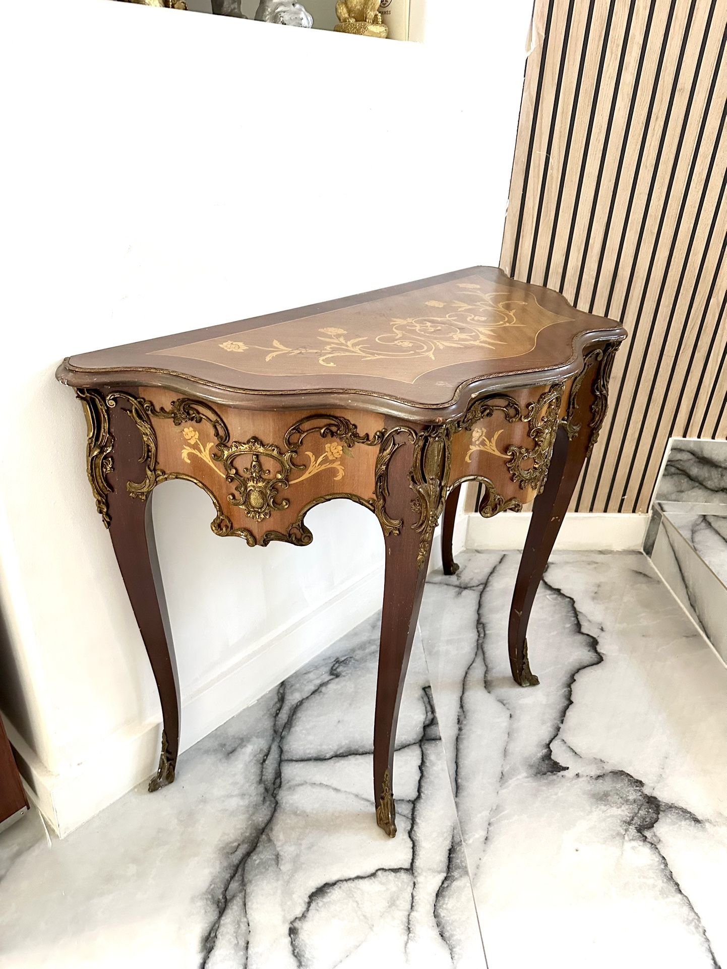 1930’s Antique French Serpentine inlaid Console Table with bronze Ormolu 