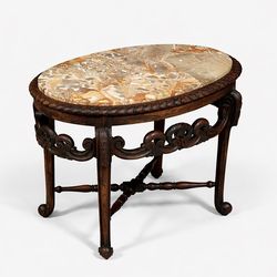 Italian Carved Mahogany Table w/ Foliate Scrollwork, Central Cartouche & Breccia Marble Top, c.1900's - Delivery Available