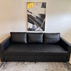 Black Leather 3-Seater Sofa with Pull-Out Bed and Storage